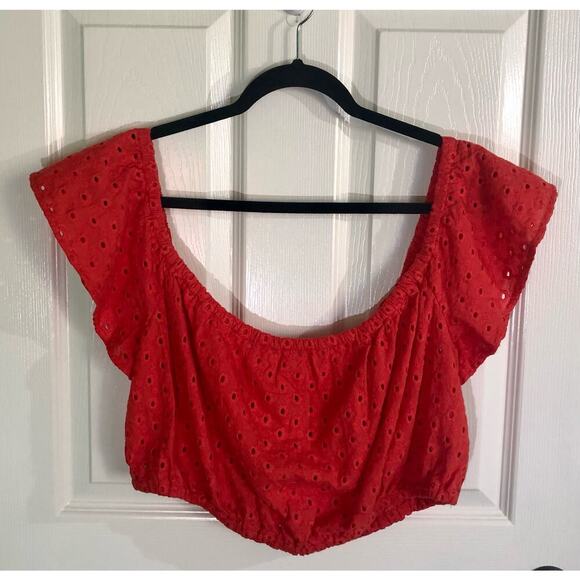 NWT ASOS Women's Red Orange Eyelet Off Shoulder Crop Top - Size 10 - Picture 1 of 7